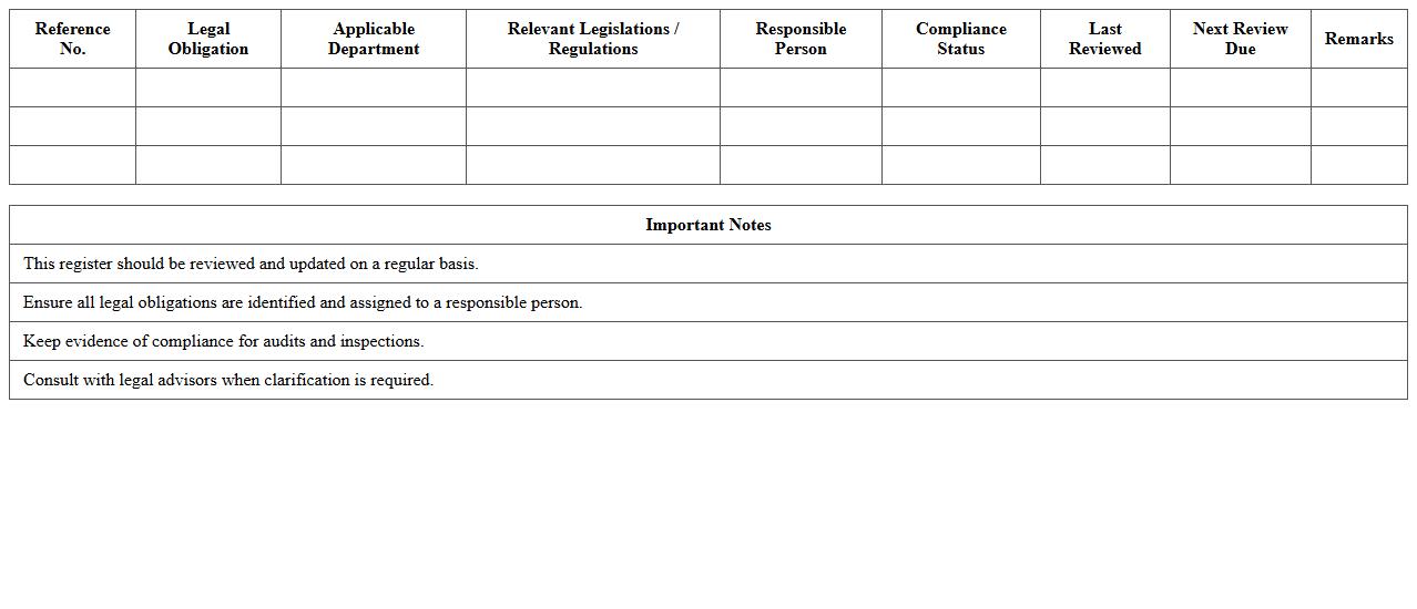 Legal Obligations Compliance Excel Register