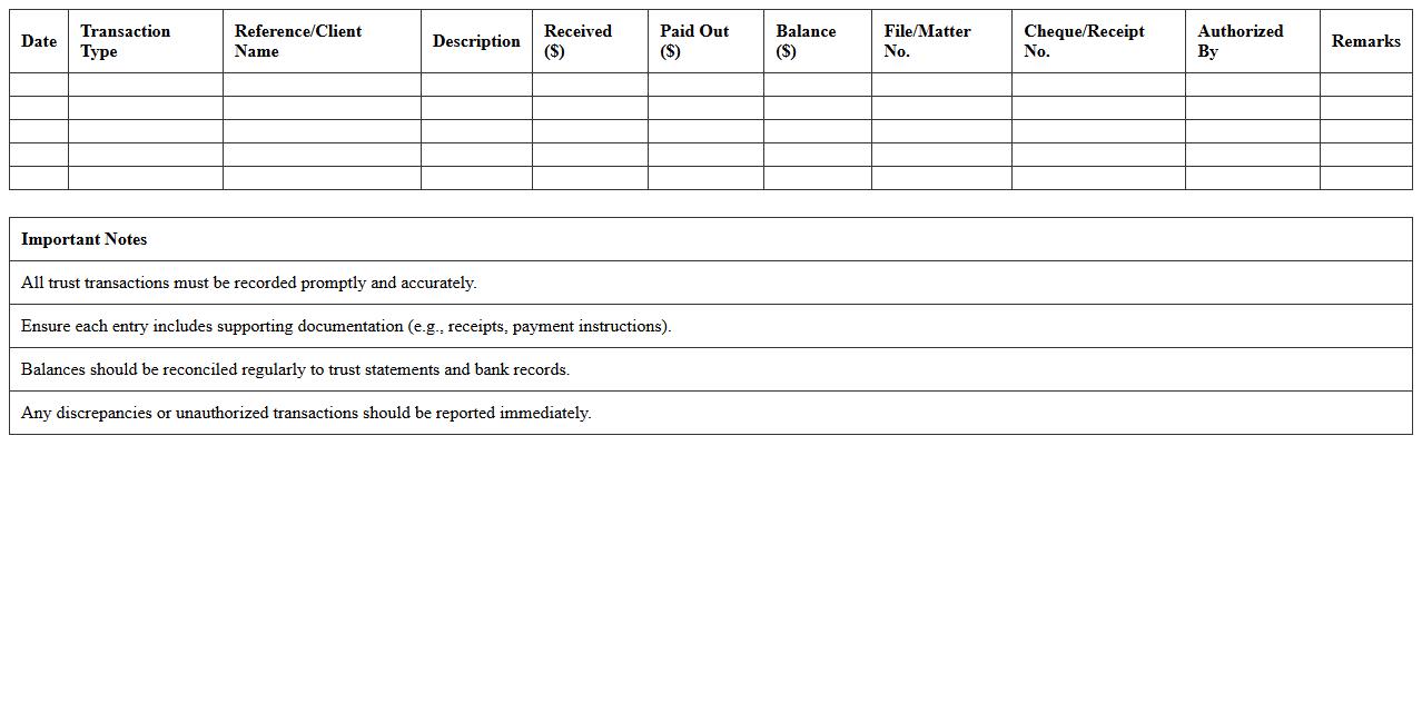 Legal Practice Trust Transaction Log Template