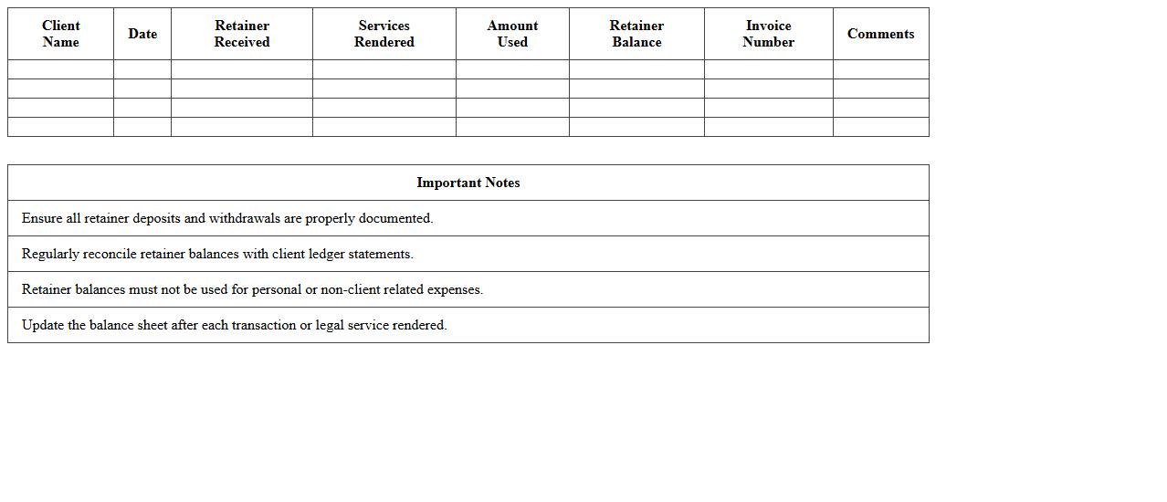Legal Services Retainer Balance Sheet Excel