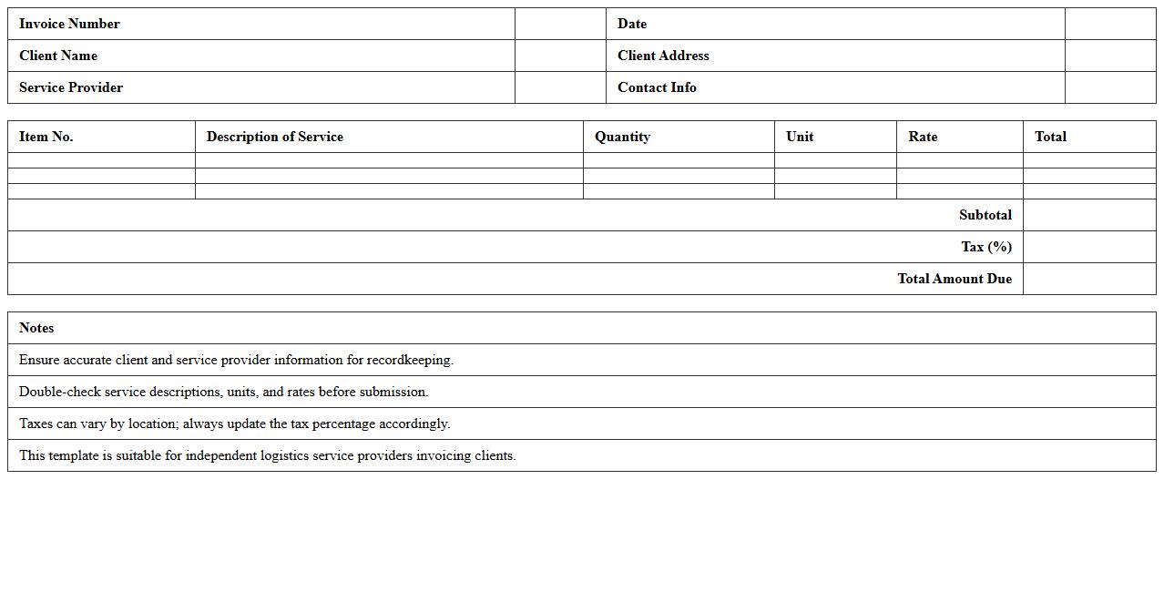 Logistics Service Invoice Generator Excel Template for Independent Workers