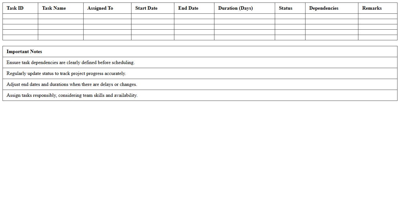 Manufacturing Project Task Scheduling Sheet