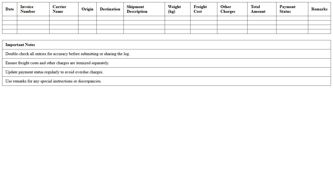 Monthly Freight Charges Log Excel Template