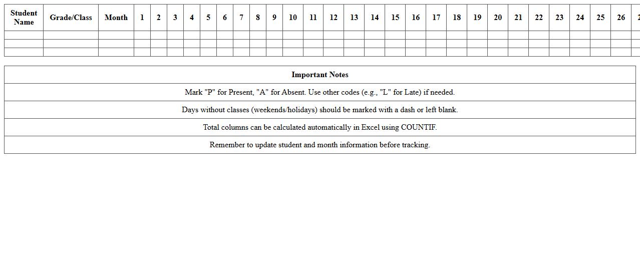 Monthly Student Attendance Tracker Excel