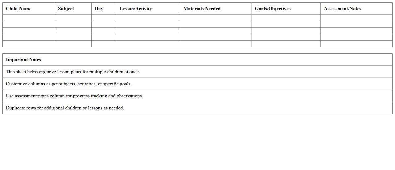 Multi-Child Lesson Plan Organizer Excel Sheet
