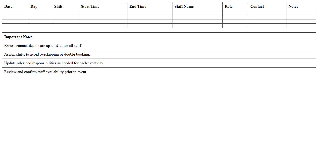 Multi-Day Event Staff Shift Roster Excel Template