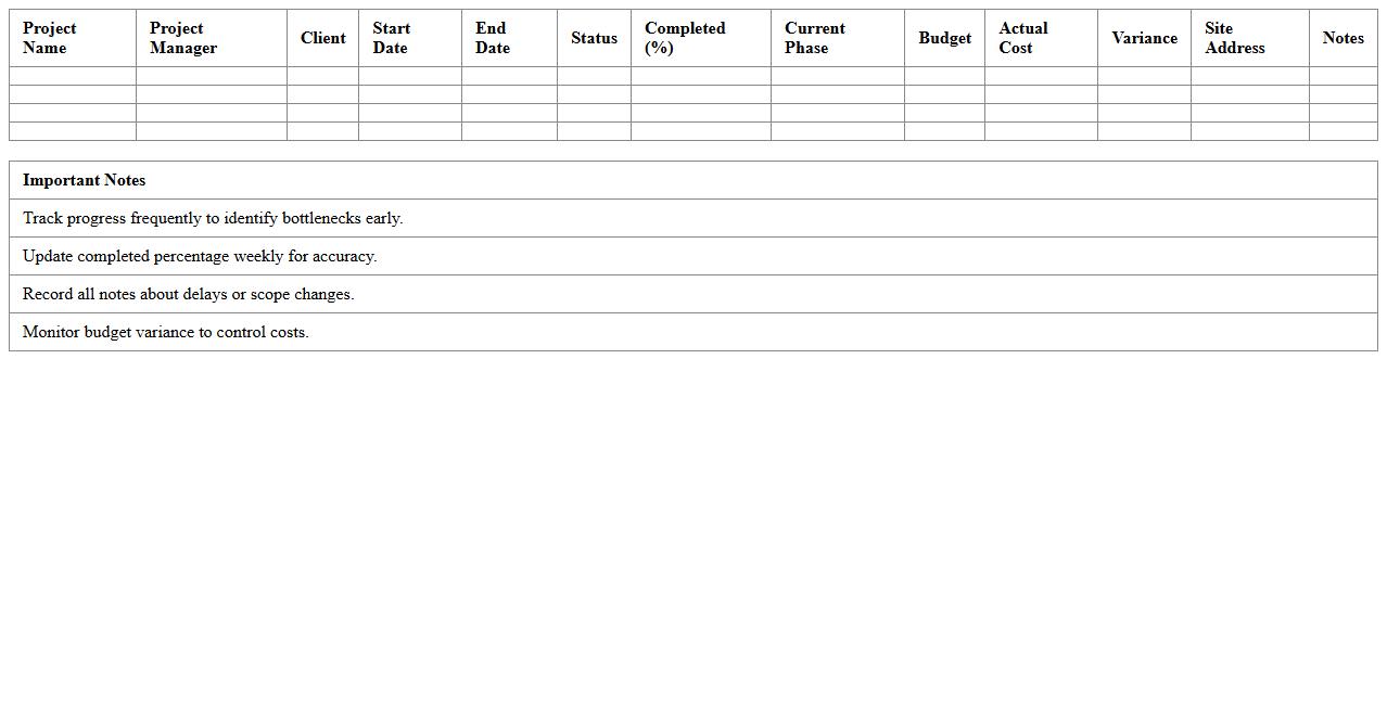 Multi-Project Contractor Progress Excel Tracker