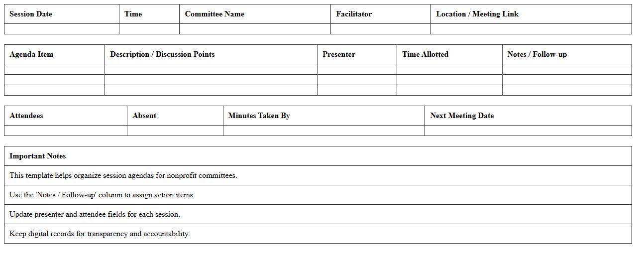 Nonprofit Committee Session Agenda Excel Template