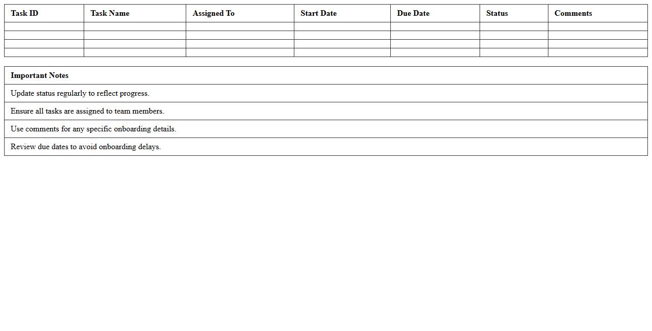 Onboarding Task Assignment Log Excel Template