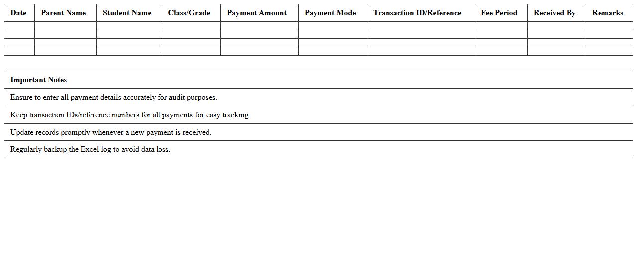 Parent Payment History Excel Log for Institutes