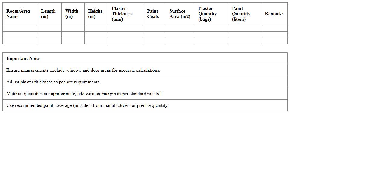 Plastering and Painting Material Calculator XLS