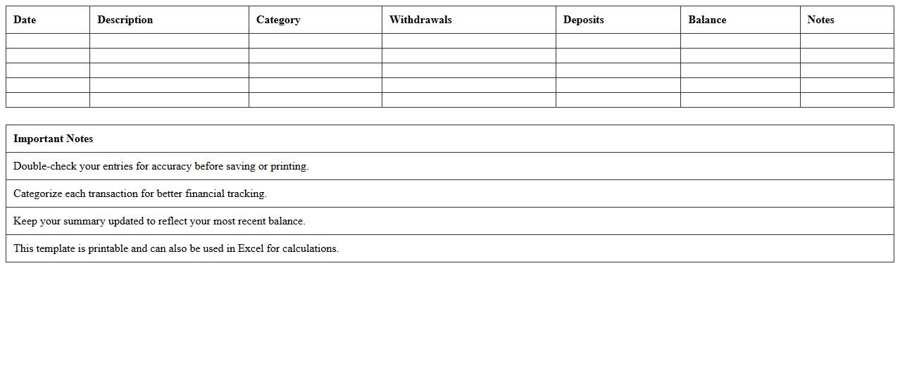 Printable Personal Bank Summary Excel Template