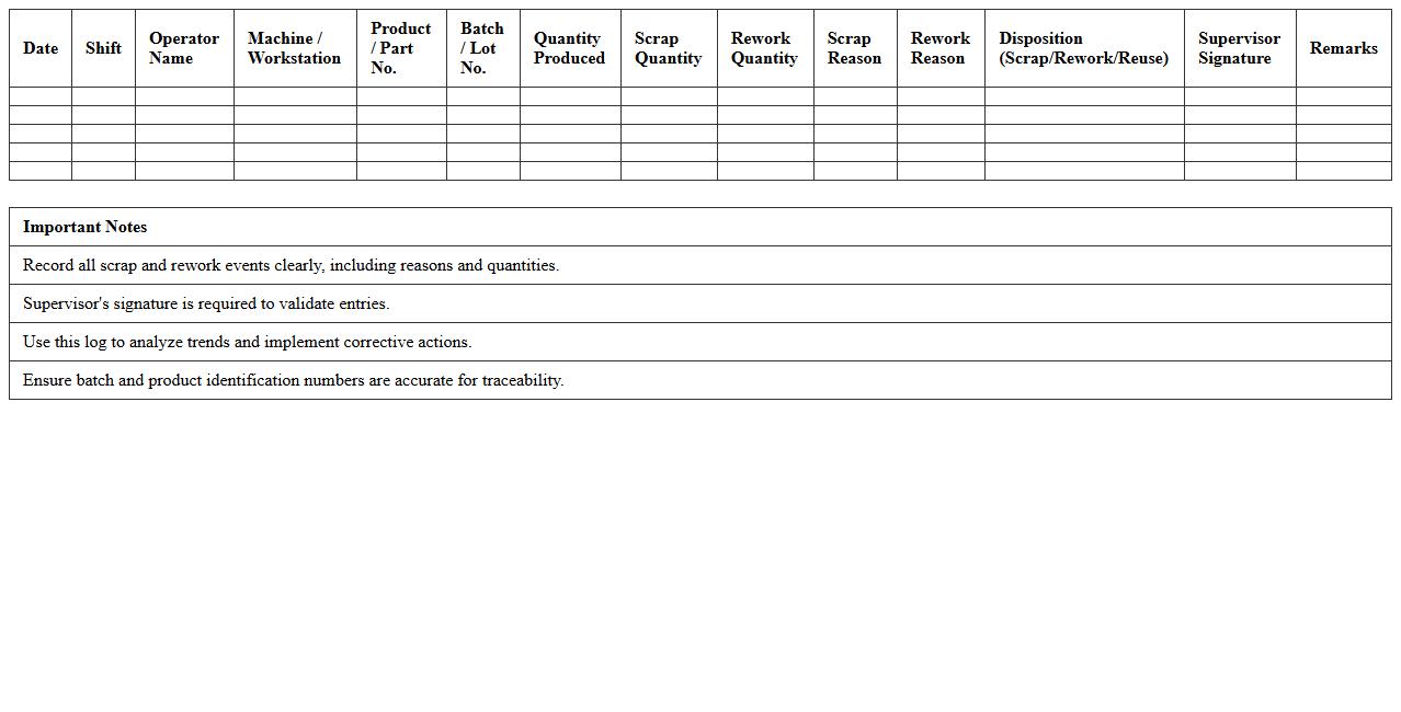 Production Scrap and Rework Log Spreadsheet