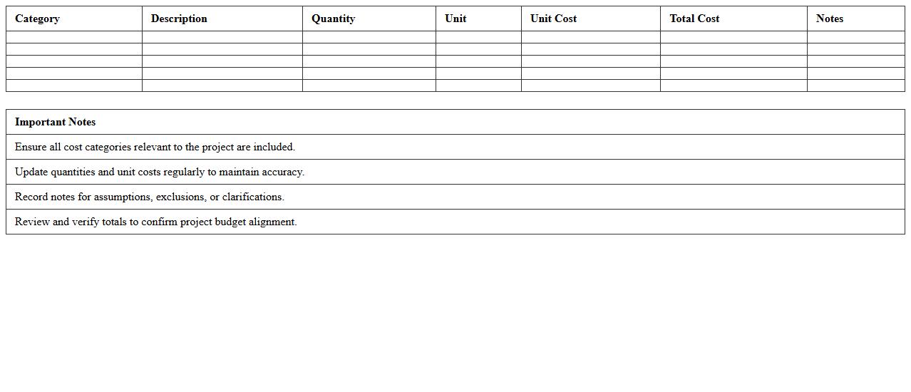 Project Cost Breakdown Sheet for Construction Managers