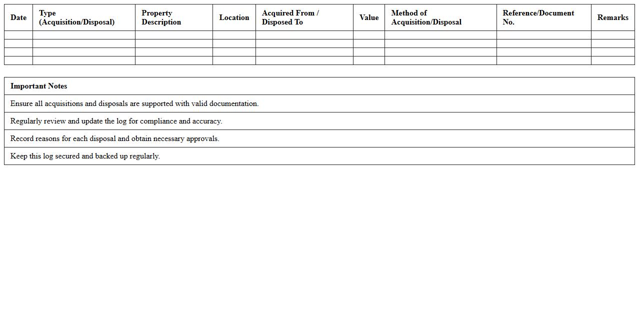 Property Acquisition & Disposal Log Excel