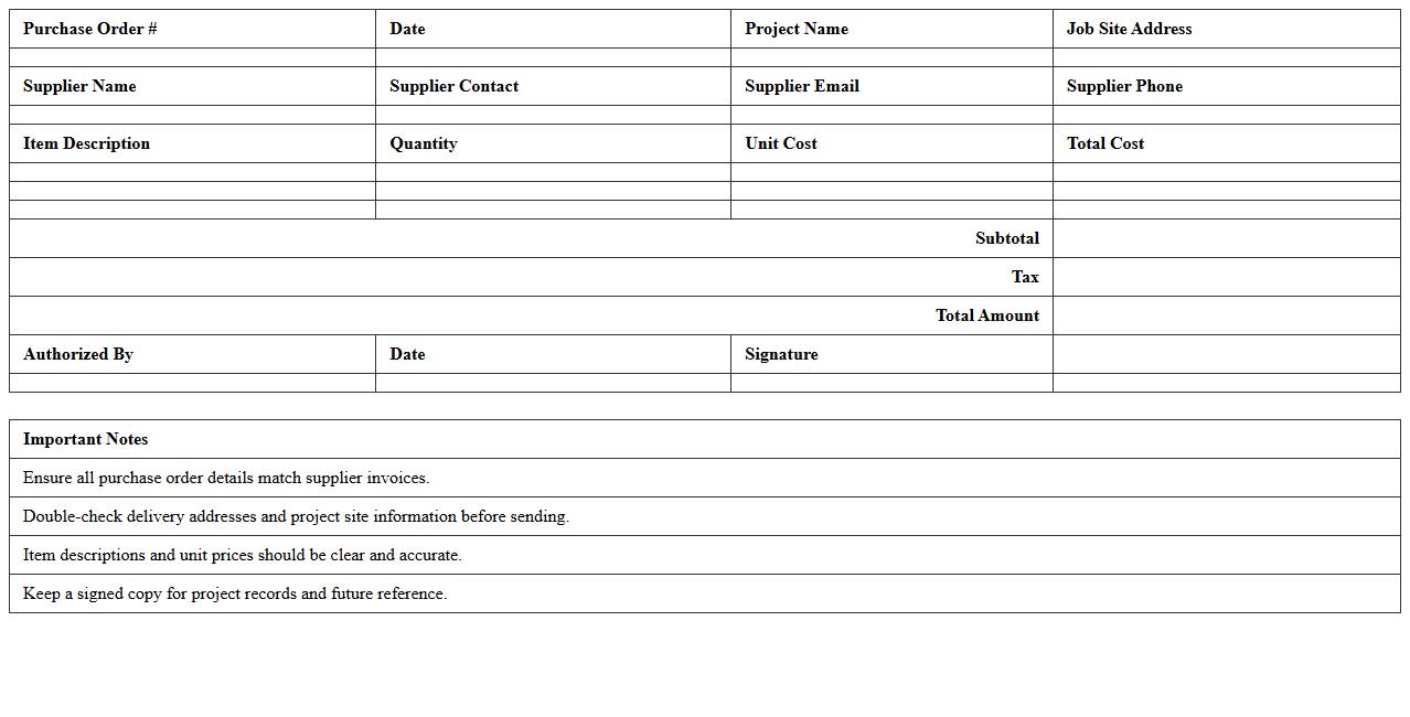 Residential Construction Purchase Order Excel Template for Suppliers
