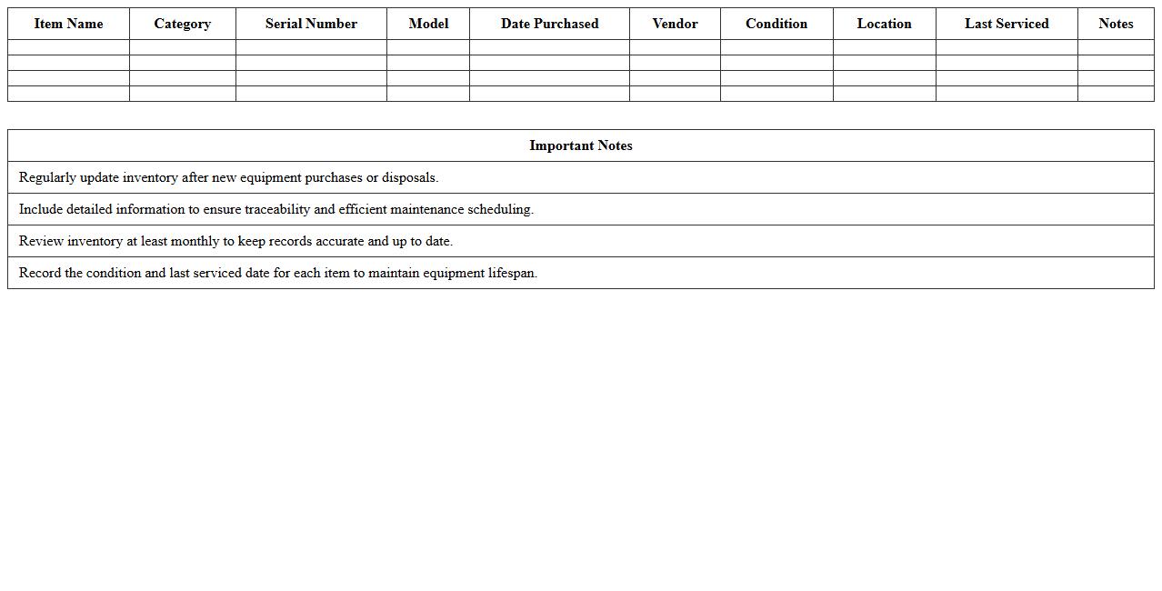 Restaurant Equipment Inventory Log Excel Template