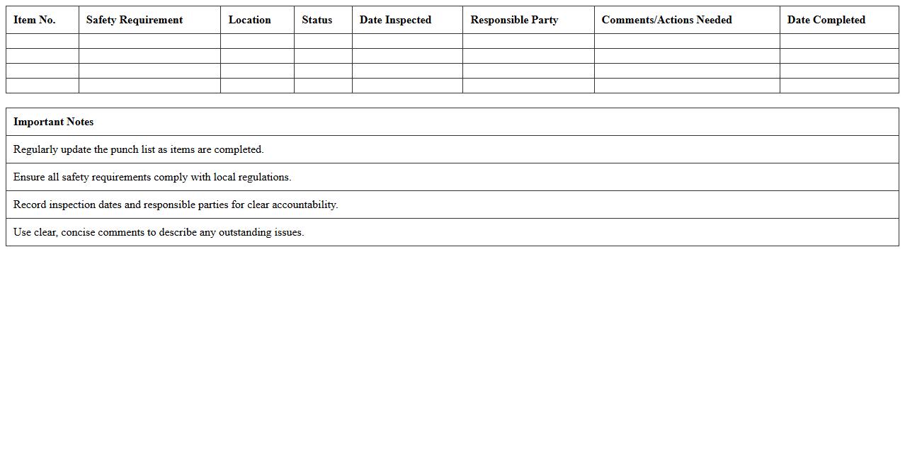 Safety Compliance Punch List Excel Template for Construction