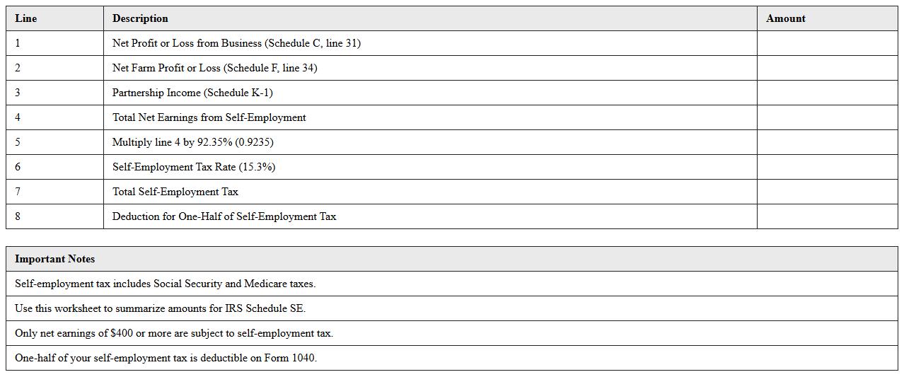 Self-Employment Tax Summary Worksheet