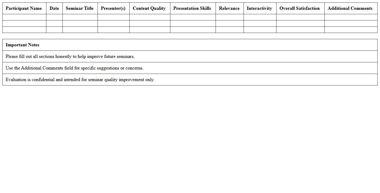 Seminar Feedback and Evaluation Form Excel Template