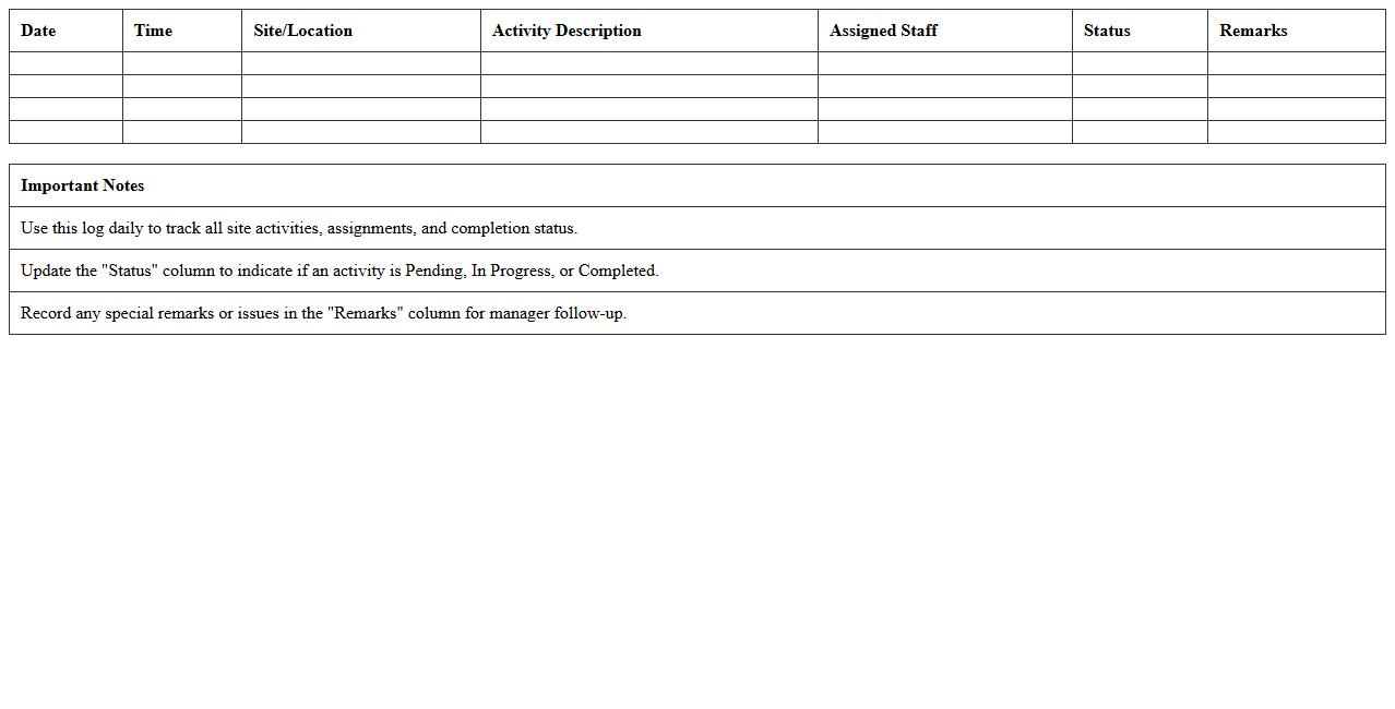 Site Activity Log Excel Template for Managers