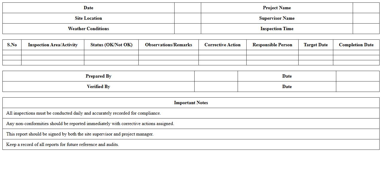 Site Supervisor Daily Inspection Report Excel Sheet