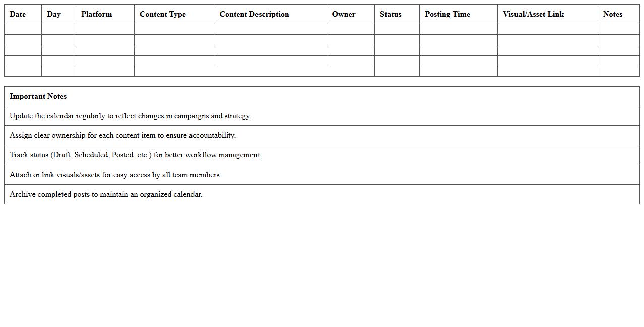 Social Media Content Calendar Excel Template for Creative Teams