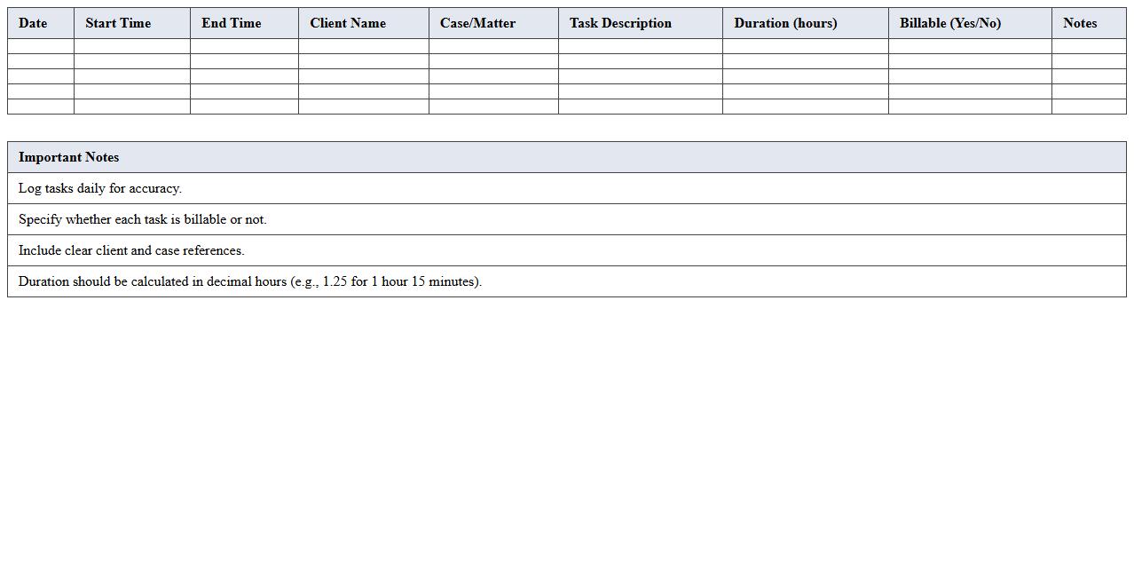 Solo Lawyer Task Time Log Excel Template