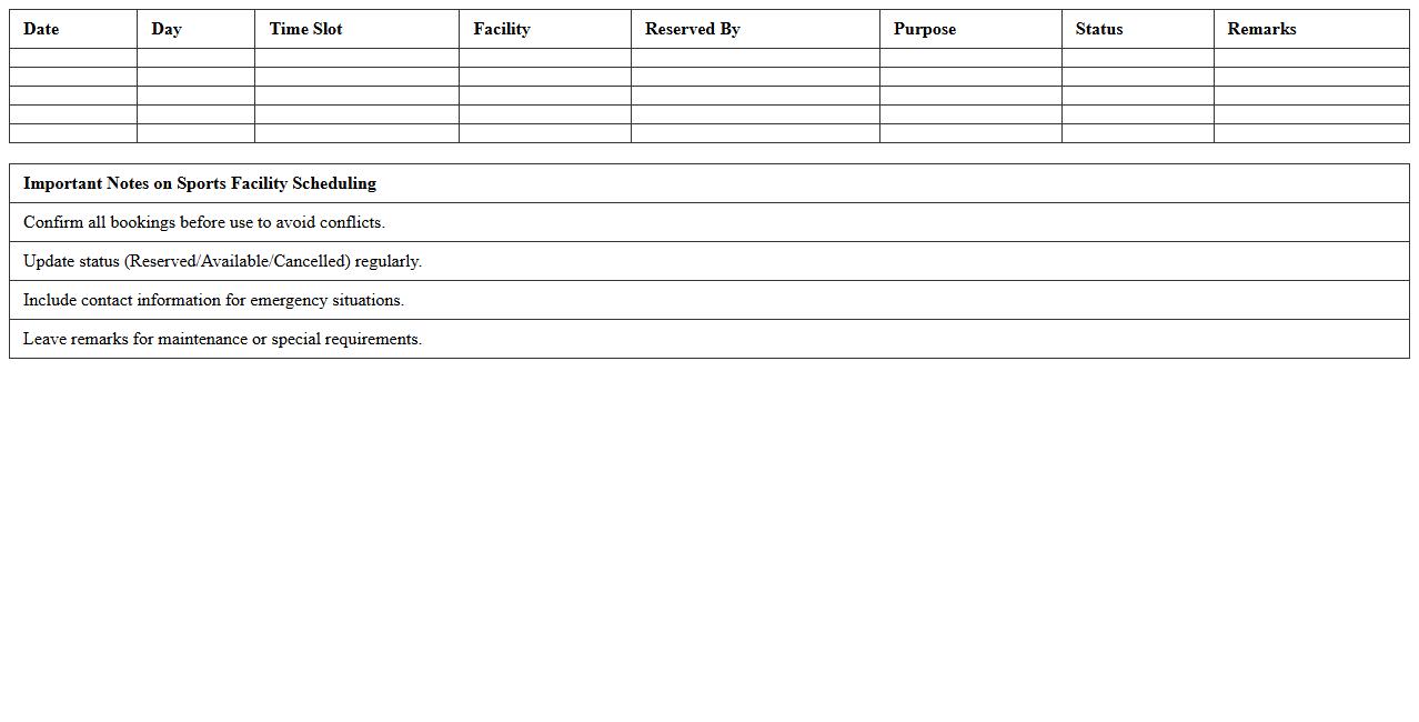 Sports Facility Scheduling Excel