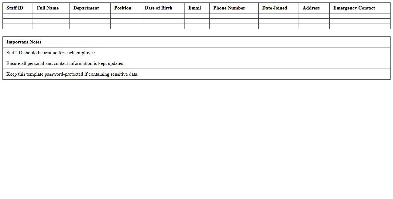 Staff Bio & ID Information Excel Template
