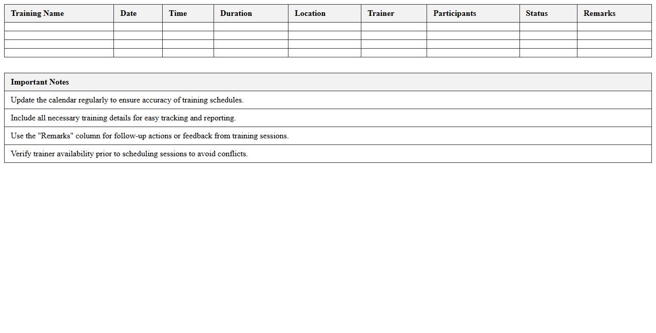 Staff Training Calendar Spreadsheet