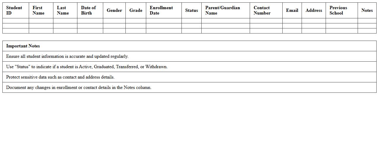 Student Enrollment Management Spreadsheet