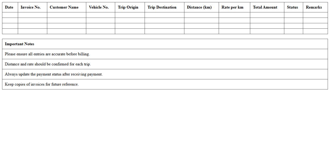 Transport Services Billing Spreadsheet Template