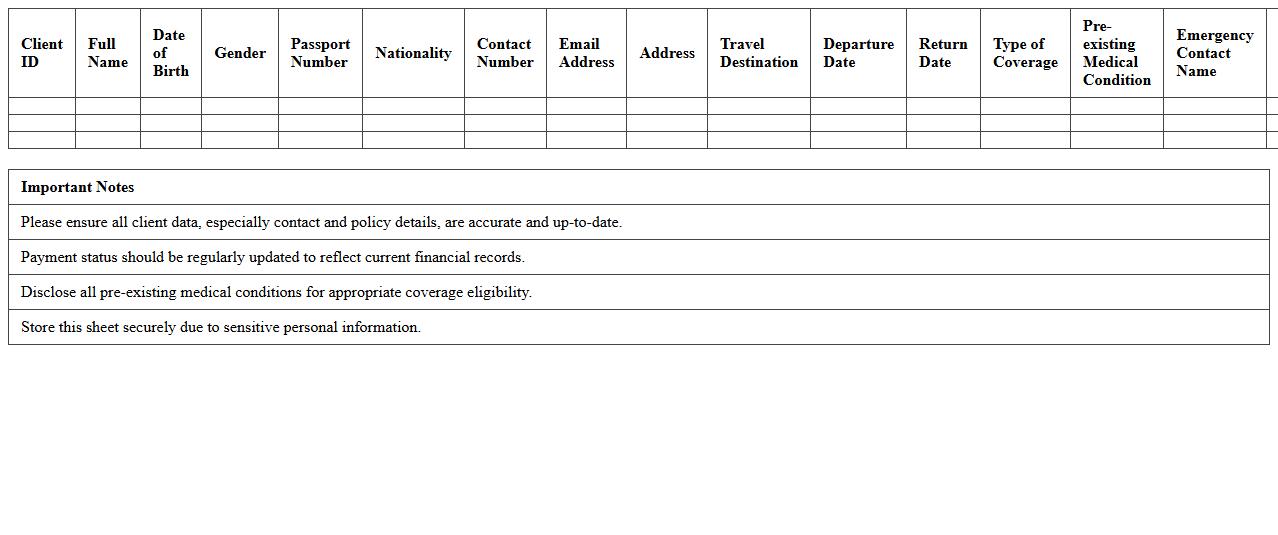 Travel Insurance Client Information Excel Sheet