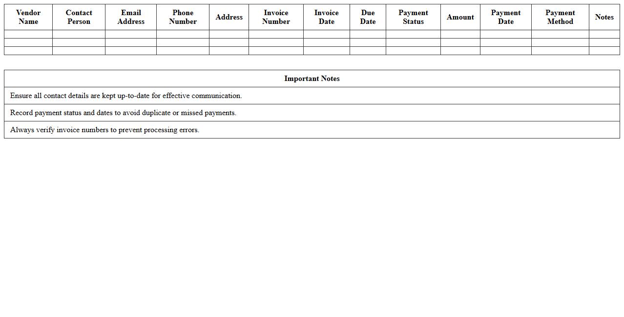 Vendor Contact & Payment Log Excel