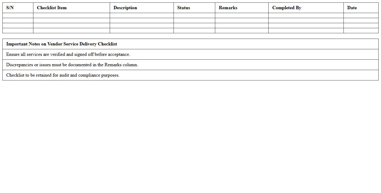 Vendor Service Delivery Checklist