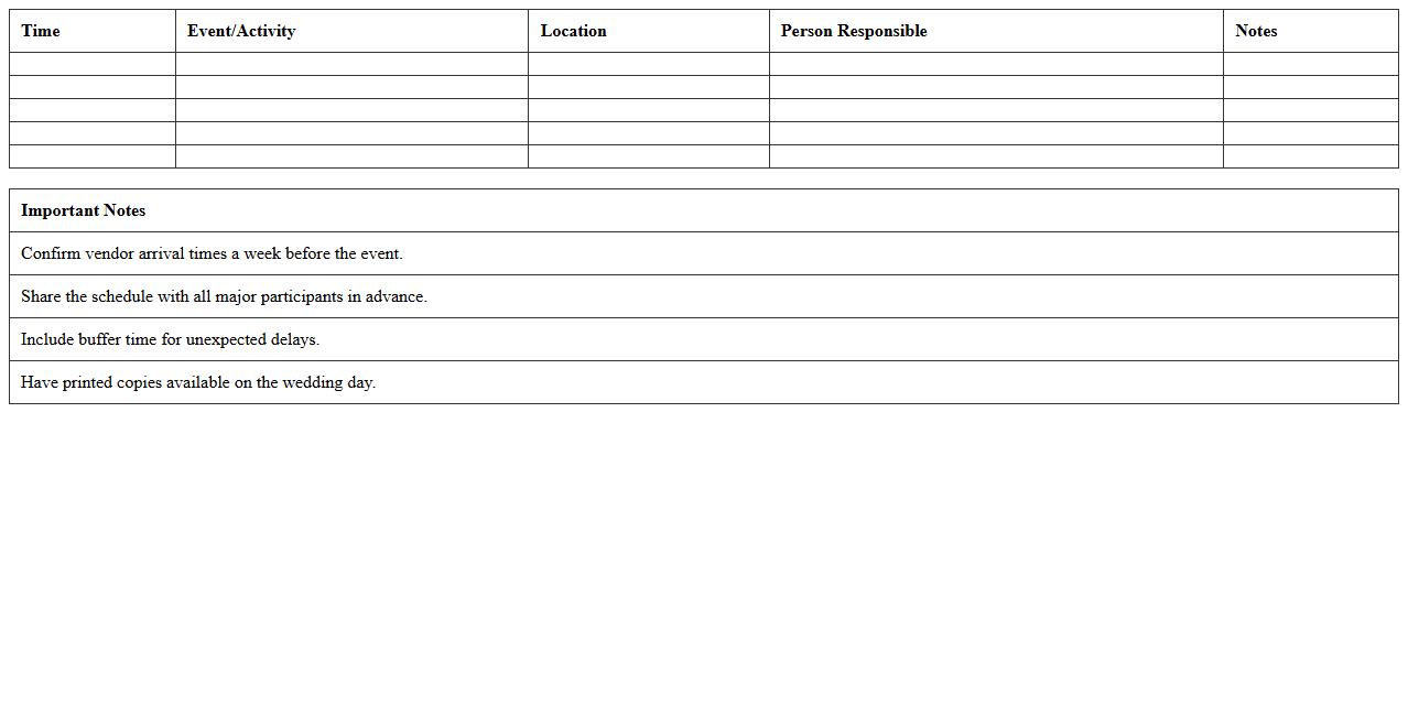 Wedding Day Itinerary Schedule Excel Template