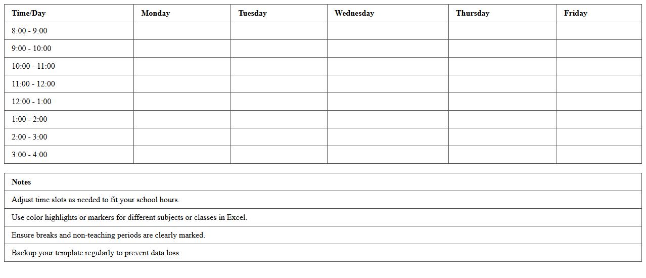 Weekly Teaching Schedule Excel Template