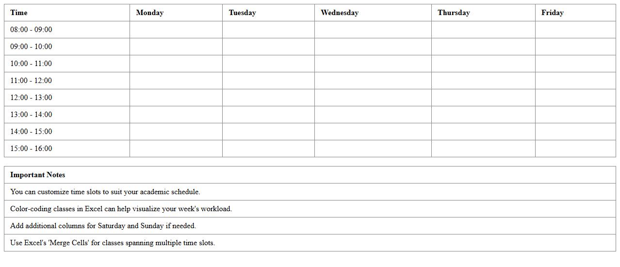 Academic Timetable Organizer Excel Spreadsheet