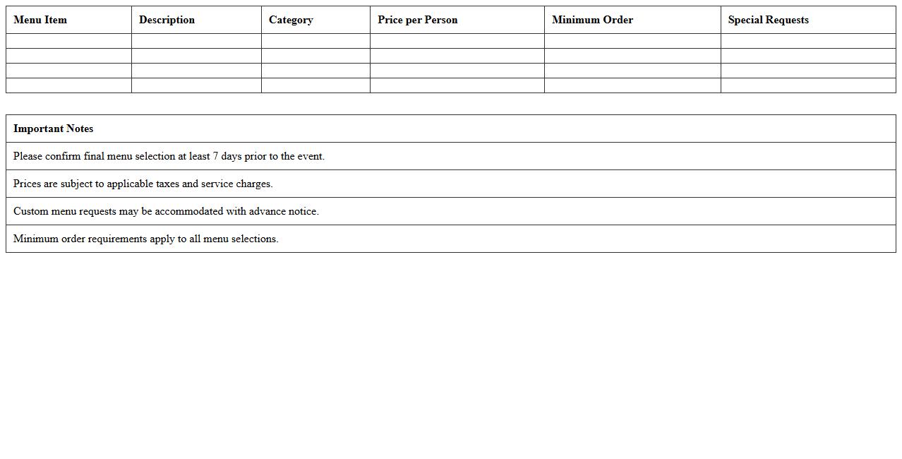 Banquet Menu Selection and Pricing Template