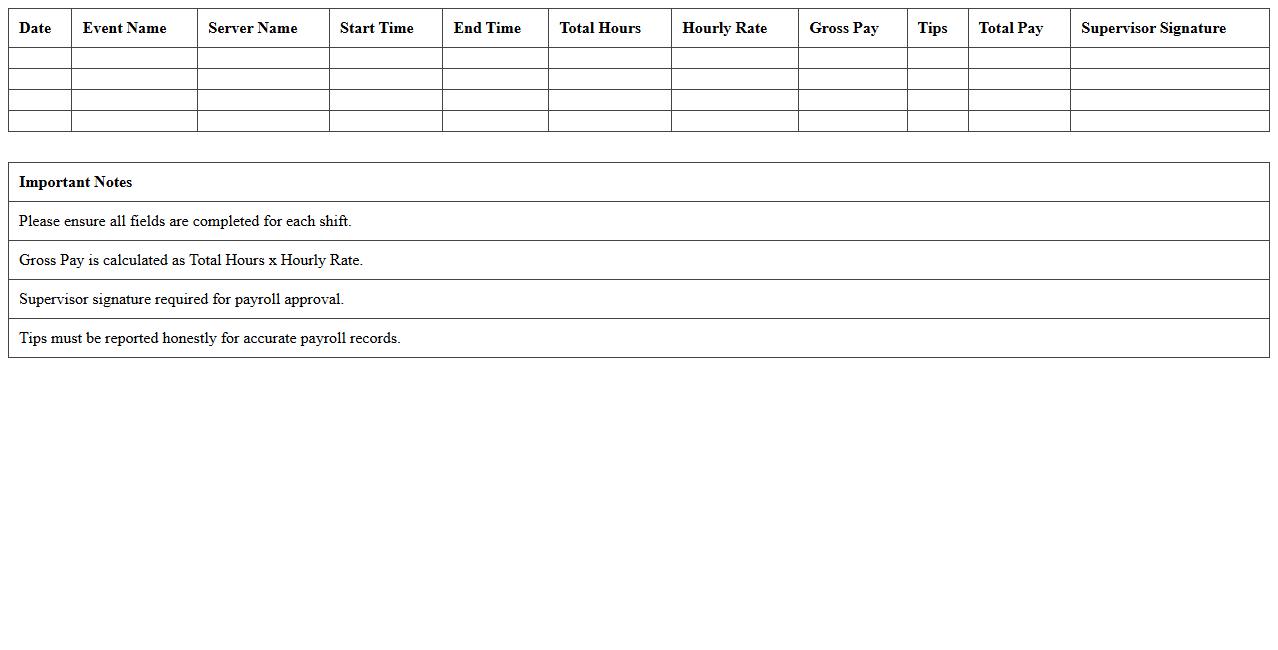 Banquet Server Payroll Log Excel Template