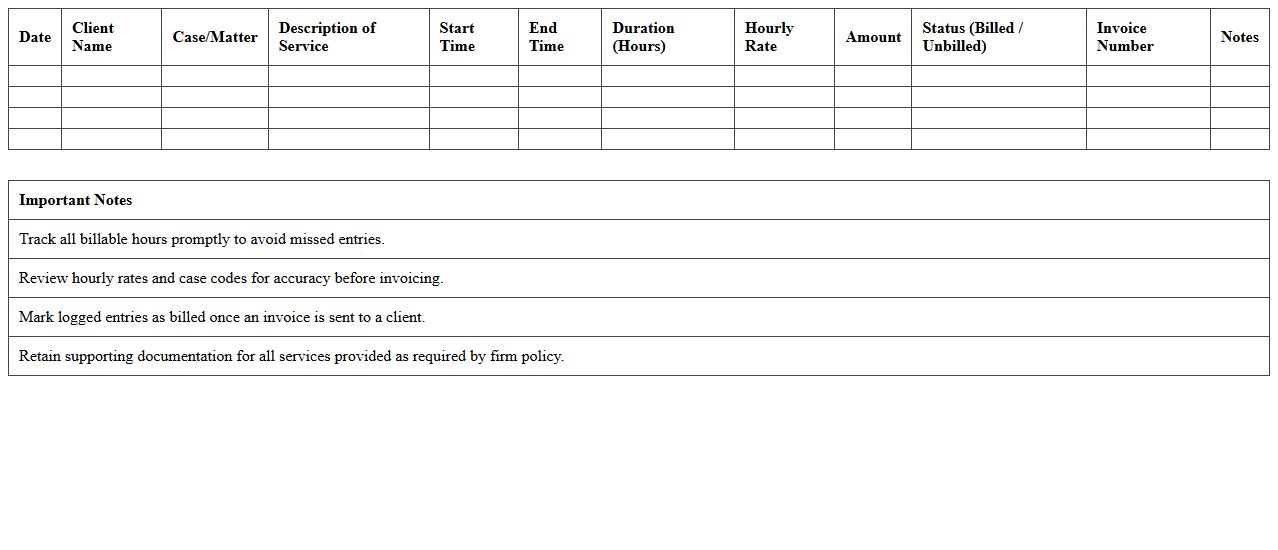 Billable Hours and Fees Excel Log for Lawyers