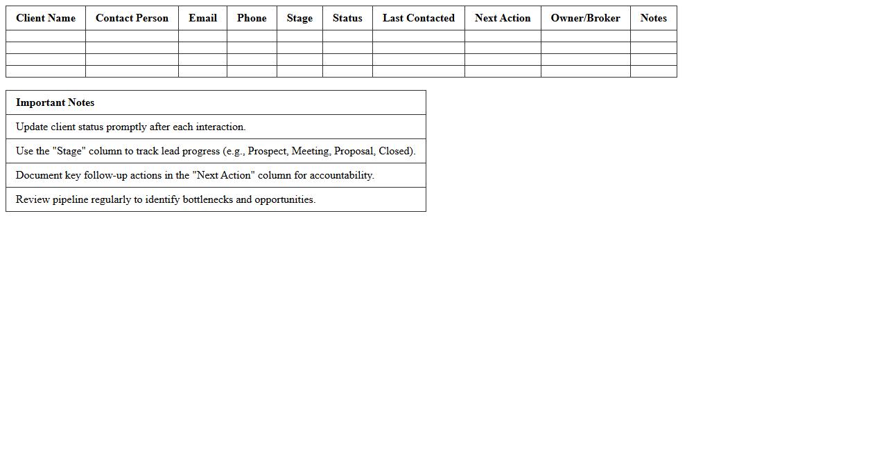 Broker Client Pipeline Management Excel Worksheet