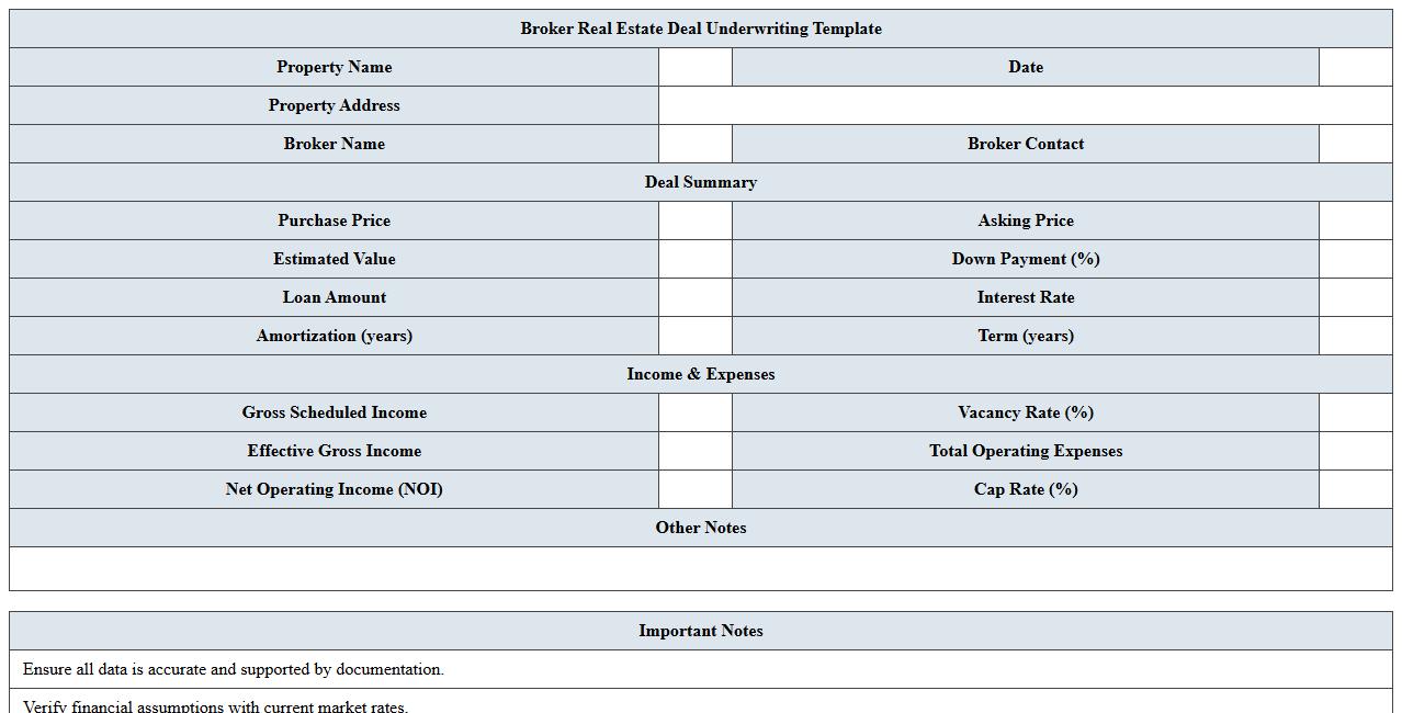 Broker Real Estate Deal Underwriting Template