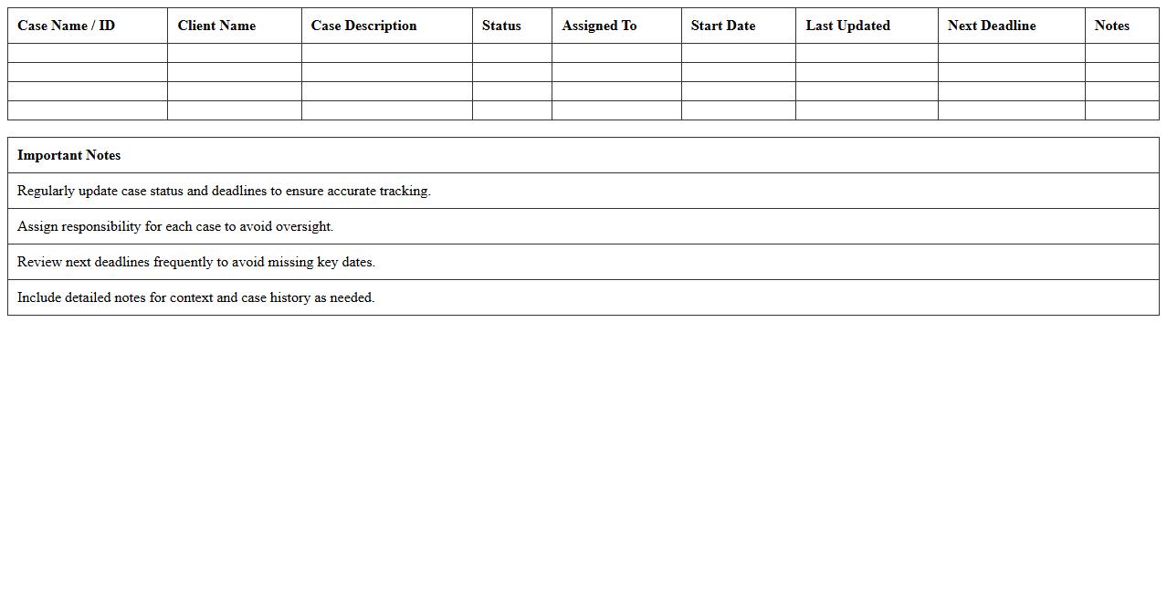 Case Status and Deadlines Tracker Sheet