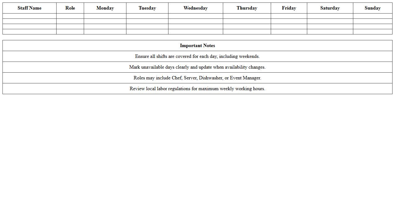 Catering Staff Weekly Schedule Excel