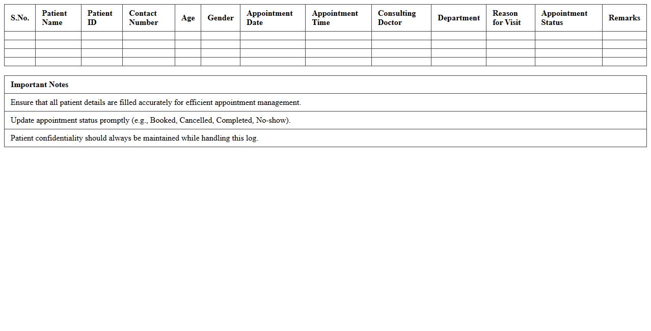 Clinic Appointment Booking Excel Log for Outpatients
