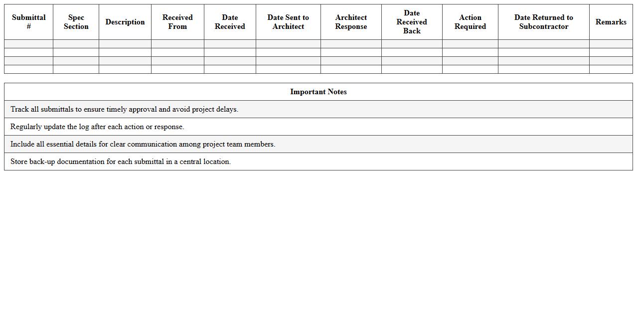 Commercial Construction Submittal Log Excel Spreadsheet