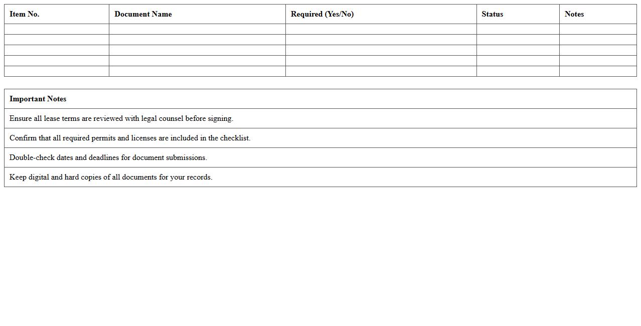 Commercial Lease Agreement Document Checklist Excel Template