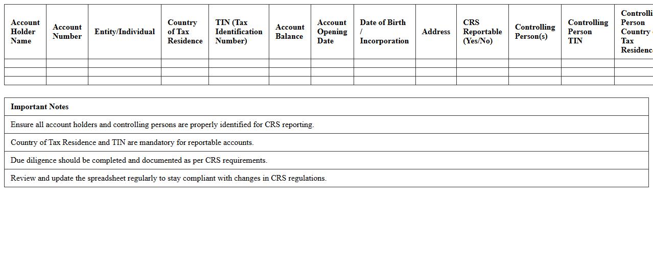 Common Reporting Standard (CRS) Bank Compliance Spreadsheet