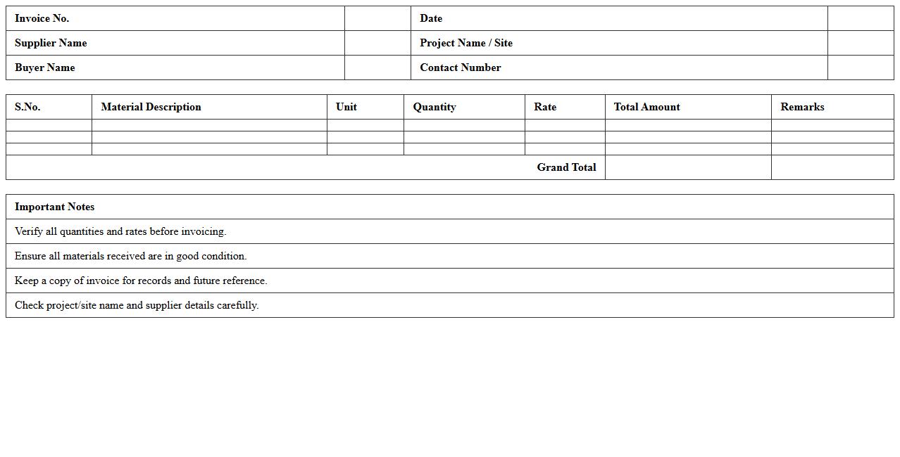 Construction Material Invoice Excel Sheet